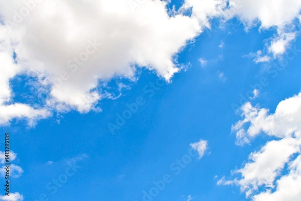 Obraz Blue sky with white fluffy cloud. Cumulus clouds background. Cloudscape morning sky. The concepts of freedom of live, never give up and positive though energy.