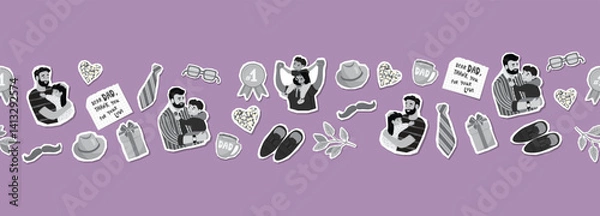 Fototapeta Father's Day seamless border with grey colors elements. Dad with child illustrations, tie, hat, mustache, glasses, hearts, twigs, shoes, note, gift, cup. Vector designs set with papper cut shapes.
