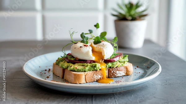Fototapeta Microgreen-Garnished Avocado Toast with Poached Egg