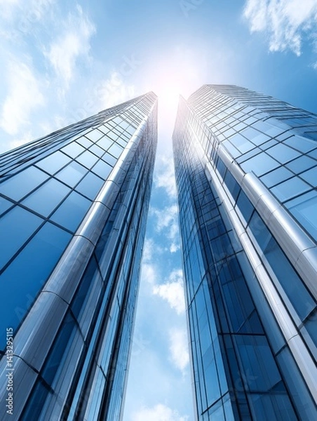 Fototapeta Modern Skyscrapers Reaching for the Sky - Two towering glass skyscrapers ascend towards a bright sunny sky, showcasing modern architecture and ambition