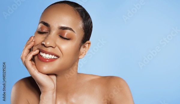 Obraz Portrait of beautiful smiling woman, gently touches her skin with eyes closed, enjoys the feeling of hydration, moisturized face after applying skin care toner, serum and moisturizing cream