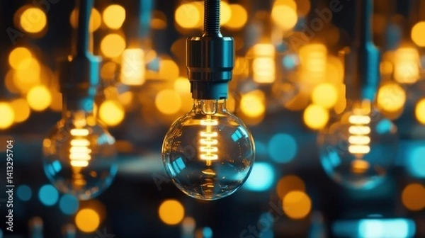 Obraz Vintage Light Bulbs with Soft Glow Against Vibrant Bokeh Background