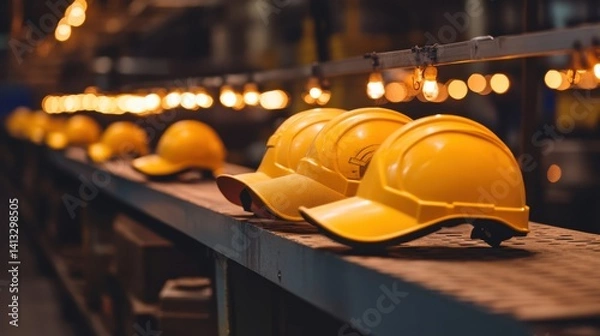 Obraz Yellow Safety Helmets on a Production Line with Warm Lights