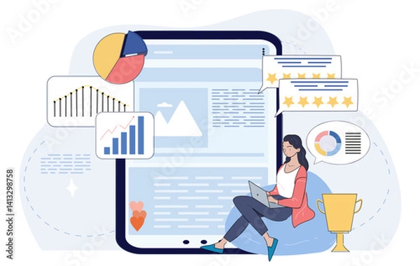 Fototapeta Woman sitting with laptop near large tablet screen surrounded by graphs, pie charts, rating stars, trophy on abstract background. Concept of analytics and performance. Flat cartoon vector illustration