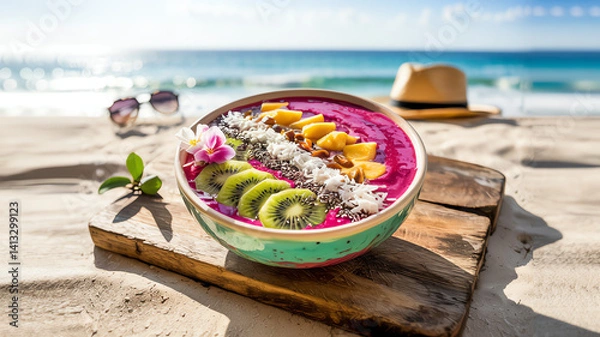 Fototapeta colorful smoothie bowl with a purple base, topped with kiwi slices, banana, and edible flowers. The background features a beach setting with a hat and sunglasses.