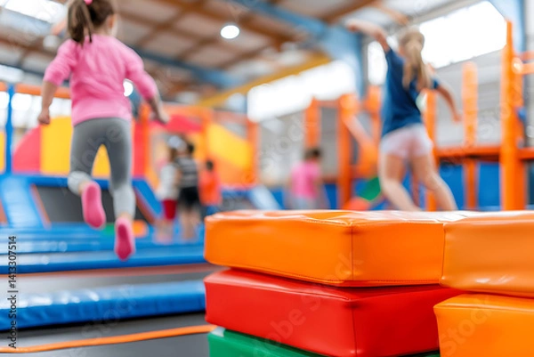 Fototapeta Kids jump and play in a colorful indoor trampoline park. Energetic fun for active children with bright play areas and soft landing pads. A joyful scene.
