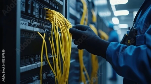 Fototapeta Technician Working on Server Rack with Yellow Cables in Data Center
