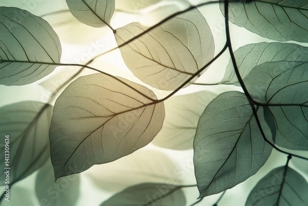 Fototapeta Sunlight filters through delicate translucent leaves, creating ethereal natural pattern. Soft backlight highlights intricate veins, organic shapes, evoking themes of nature, eco-friendliness, serenity