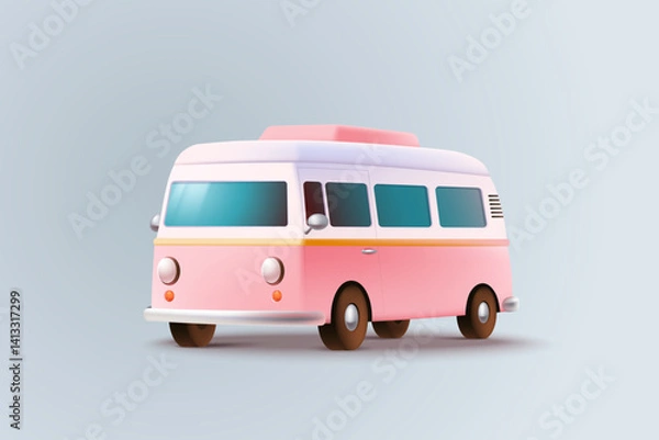 Obraz Vector illustration of vintage pink camper van with white roof. Pink beach minibus isolated on light background. Classic retro vehicle with rounded design. 3D style. Road trips, summer vacations.