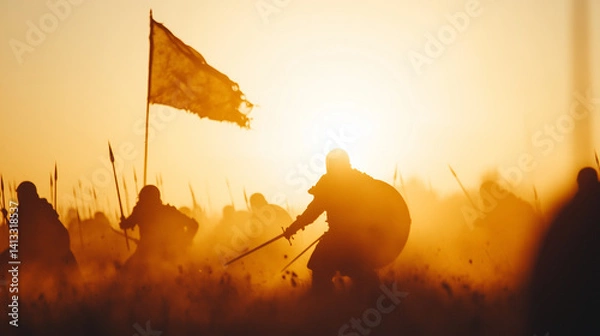 Fototapeta Epic Battle in Ancient Times with Soldiers Charging Under a Red Flag