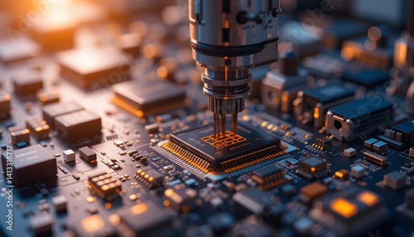 Fototapeta Close-up of semiconductor manufacturing with precision machinery and microchips, symbolizing advanced technology and electronics production.