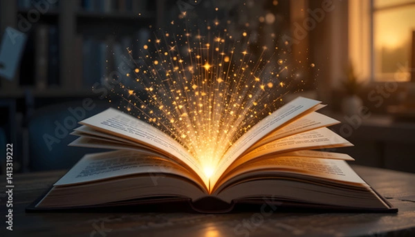 Fototapeta Open book with glowing pages, symbolizing effective learning and education. The image captures the essence of creativity, imagination, and the power of reading to expand horizons