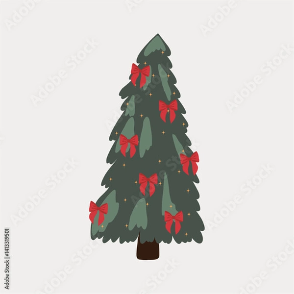 Obraz Christmas tree is decorated with red bows and stars. Merry Christmas. Happy New Year. Festive decoration single objects. Hand drawn vector illustration