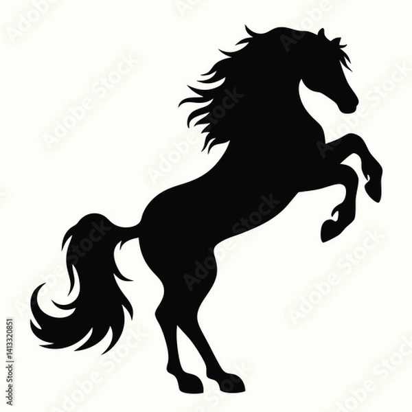 Fototapeta  A striking black silhouette of a powerful stallion rearing up, showcasing its strength and elegance. A symbol of freedom and grace