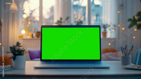 Fototapeta Laptop with Chroma Key Screen in Cozy Room: Mockup for Advertisement, Video Editing Template