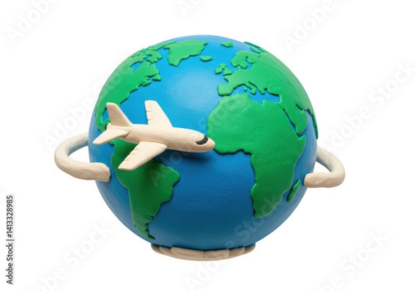 Fototapeta Airplane flying around a globe made out of clay isolated on transparent background