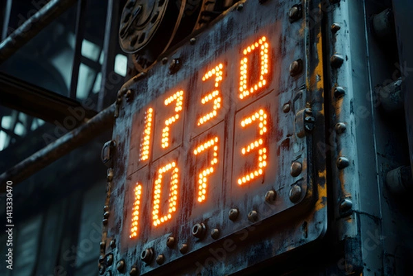 Obraz Futuristic Metallic Scoreboard Set Against an Industrial Backdrop with Riveted Details