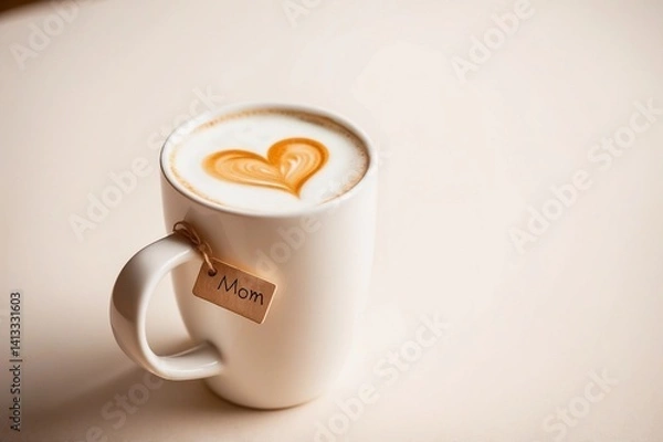 Fototapeta a white mug with a heart latte art and a Mom tag on a white surface