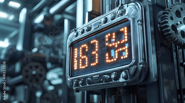 Obraz Futuristic Metallic Scoreboard Set Against an Industrial Backdrop with Riveted Details