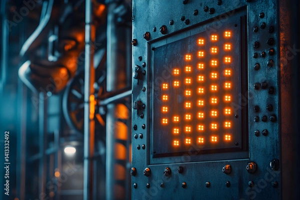 Obraz Futuristic Metallic Scoreboard Set Against an Industrial Backdrop with Riveted Details