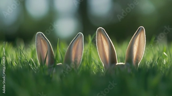 Fototapeta Rabbit ears peeking through green grass, creating a playful and whimsical Easter scene with natural backlighting.