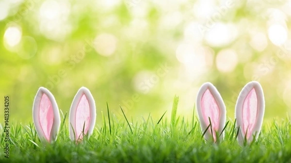 Obraz Rabbit ears peeking through green grass, creating a playful and whimsical Easter scene with natural backlighting.
