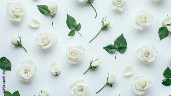Obraz Top view of elegant white roses arranged on a clean background. Minimalist floral composition symbolizing love, purity, and timeless beauty.