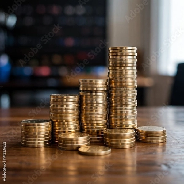 Obraz The image features stacks of gold coins, symbolizing financial growth, neatly aligned against a clean white background, enhancing its professional appearance.