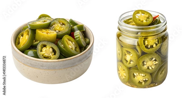 Obraz Sliced pickled jalapeno in a Jar and bowl on a transparent background food design