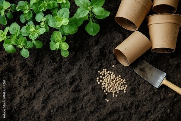 Obraz Young seedlings in biodegradable pots with fertile soil, accompanied by gardening tool and seeds, showcasing sustainable planting and early plant growth stages.