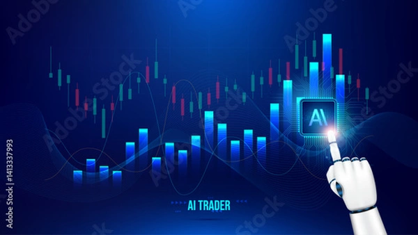 Fototapeta Artificial intelligence robot hand pointing at AI processor on trading chart with stock candlestick patterns. Vector illustration design for digital business and stock market concept.