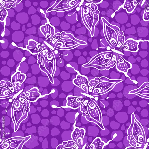 Fototapeta Seamless Background, Butterflies White Silhouettes on Violet Tile Pattern. Vector