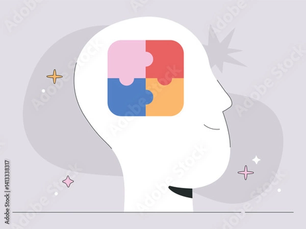 Fototapeta Human head with complete jigsaw puzzle in the brain. Mindfulness and mental health development, clever people psychology concept. Web banner design, flat vector illustration isolated on background