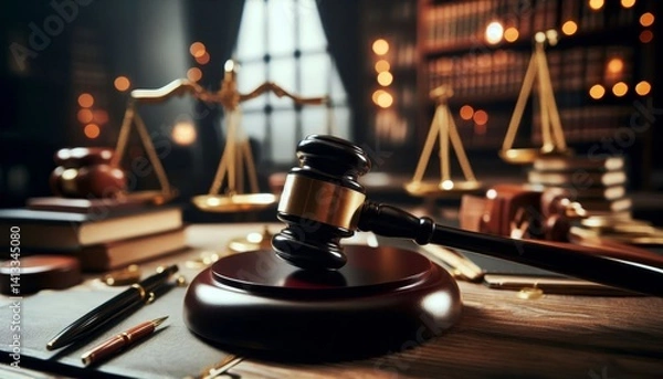 Fototapeta Judge Courtroom Gavel on Table during a Process - Judge holding the Gavel making Judgement - On a Table with the scales of Justice - Process and Final Verdict - Guilty or Not Guilty
