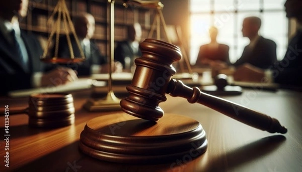 Obraz Judge Courtroom Gavel on Table during a Process - Judge holding the Gavel making Judgement - On a Table with the scales of Justice - Process and Final Verdict - Guilty or Not Guilty
