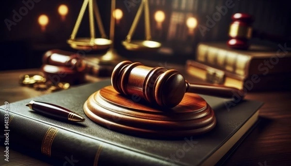 Obraz Judge Courtroom Gavel on Table during a Process - Judge holding the Gavel making Judgement - On a Table with the scales of Justice - Process and Final Verdict - Guilty or Not Guilty
