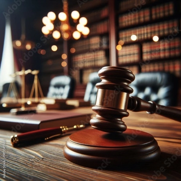 Obraz Judge Courtroom Gavel on Table during a Process - Judge holding the Gavel making Judgement - On a Table with the scales of Justice - Process and Final Verdict - Guilty or Not Guilty
