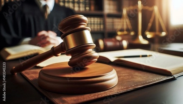 Fototapeta Judge Courtroom Gavel on Table during a Process - Judge holding the Gavel making Judgement - On a Table with the scales of Justice - Process and Final Verdict - Guilty or Not Guilty
