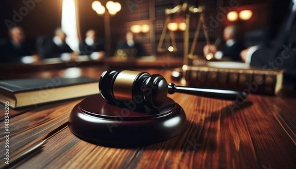 Fototapeta Judge Courtroom Gavel on Table during a Process - Judge holding the Gavel making Judgement - On a Table with the scales of Justice - Process and Final Verdict - Guilty or Not Guilty
