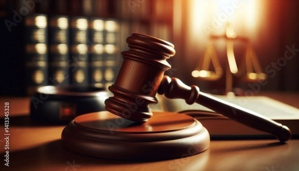Fototapeta Judge Courtroom Gavel on Table during a Process - Judge holding the Gavel making Judgement - On a Table with the scales of Justice - Process and Final Verdict - Guilty or Not Guilty
