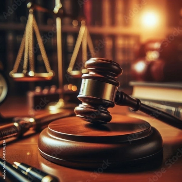 Fototapeta Judge Courtroom Gavel on Table during a Process - Judge holding the Gavel making Judgement - On a Table with the scales of Justice - Process and Final Verdict - Guilty or Not Guilty
