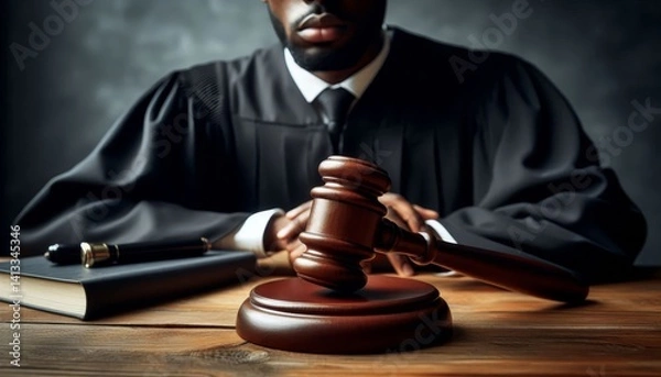 Fototapeta Judge Courtroom Gavel on Table during a Process - Judge holding the Gavel making Judgement - On a Table with the scales of Justice - Process and Final Verdict - Guilty or Not Guilty

