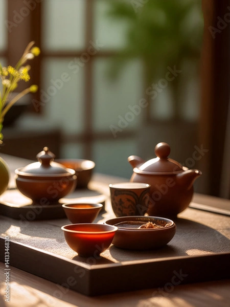 Fototapeta Warm tea setting with traditional pottery and spices on a wooden table during afternoon light