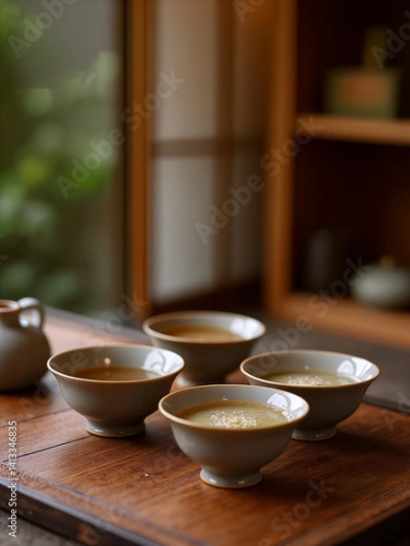 Fototapeta Warm bowls of tea are served on a wooden table in a serene setting with a peaceful atmosphere