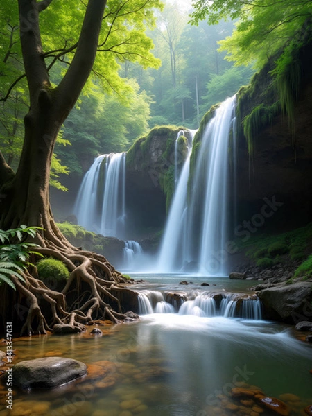Fototapeta Waterfall cascades surrounded by lush greenery in a serene forest setting during early morning