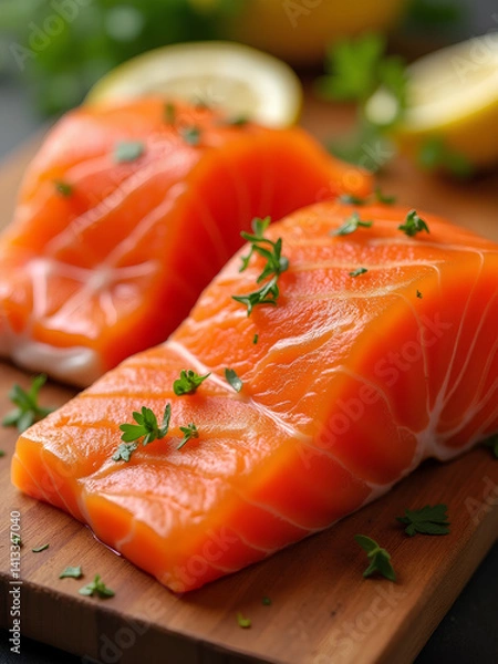 Fototapeta Fresh salmon fillets prepared with herbs and lemon slices on a wooden cutting board in a kitchen
