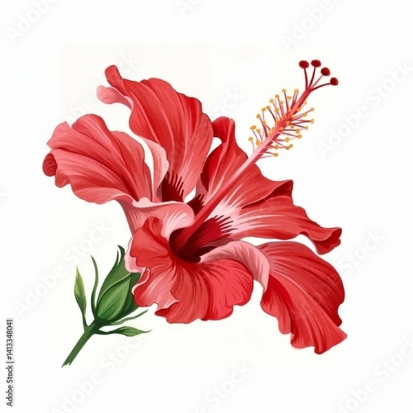 Obraz The tropical beauty of a vibrant red hibiscus flower, with its delicate petals and stamen adorned with yellow and red pollen, is showcased in full bloom.