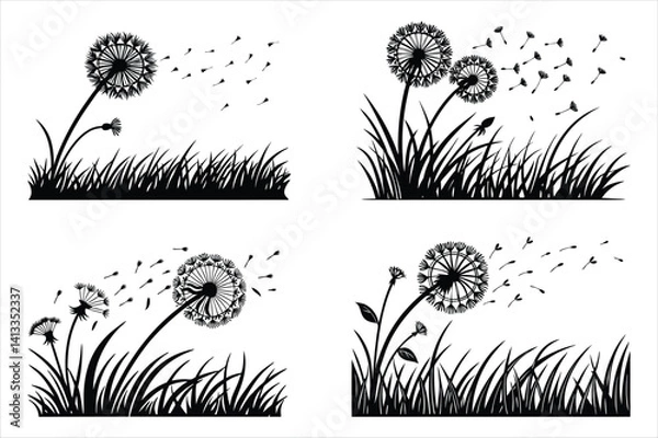 Fototapeta Spring silhouette of a dandelion with seeds flying in the wind