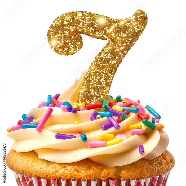 Fototapeta Golden glitter number "7" cupcake topper stuck in a frosted cupcake with colorful sprinkles, ultra realistic, isolated on white background