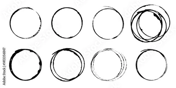Obraz Set of eight circles drawn by hand with brush outline in black paint with jagged uneven edges. Vector illustration of circular prints from cup of coffee, twisted wire.
